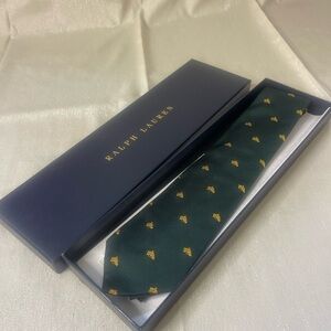 Polo by Ralph Lauren Silk Tie – Green with Gold Motif – Handmade in Italy